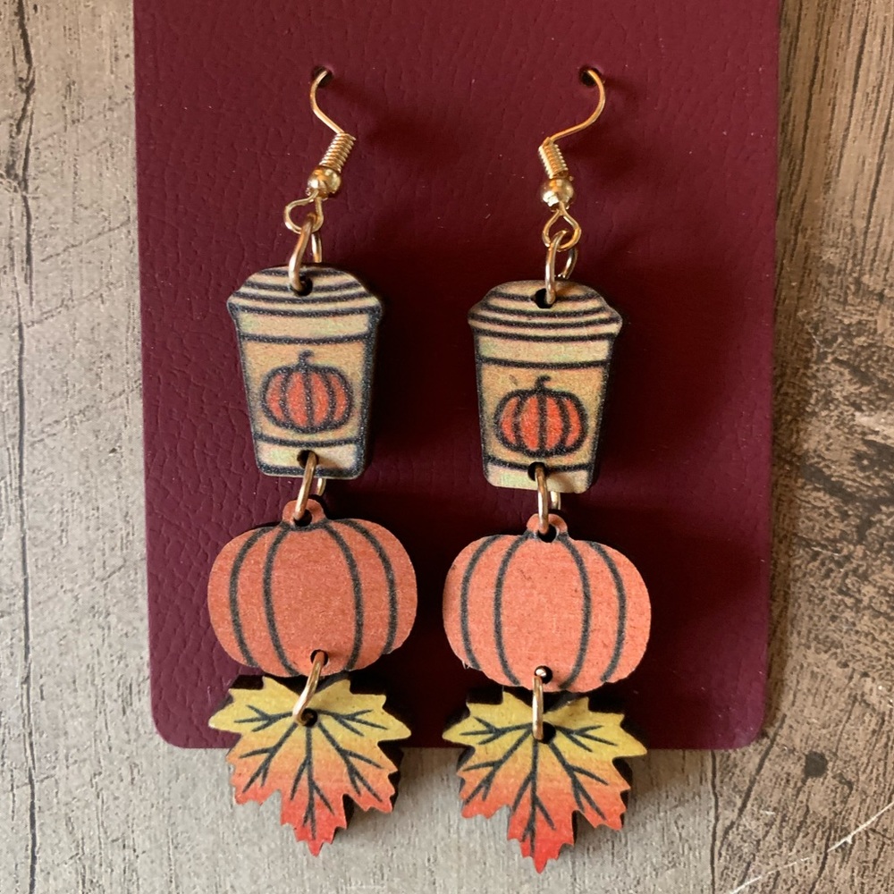 Coffee, Pumpkin, & Maple Leaf Wood Dangle Earrings
